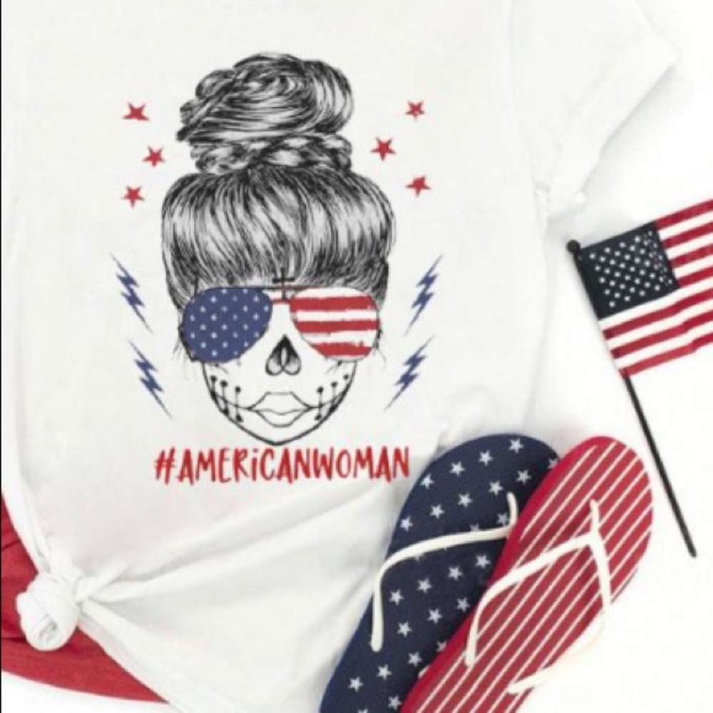 Sugar Skull Messy Bun American Woman T-Shirt